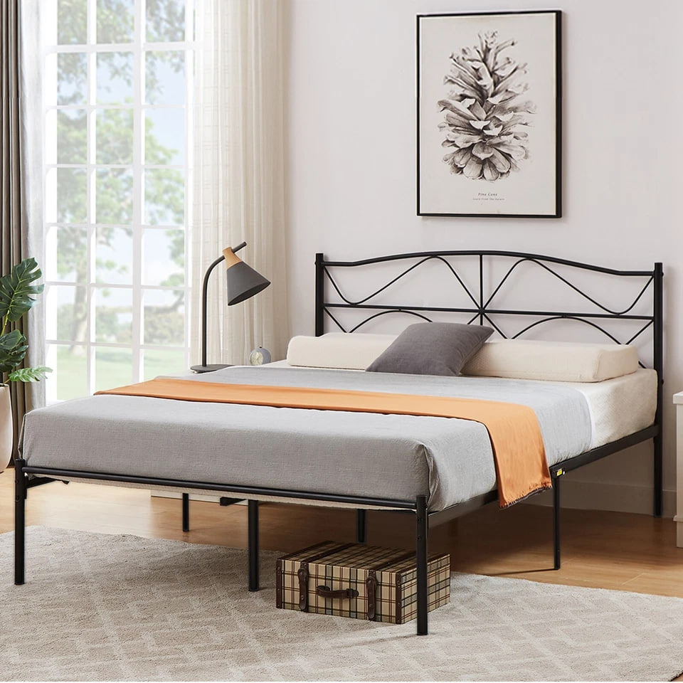 Twin Full Queen Metal Bed Frame Simple Platform Steel Slat Support w/Headboard