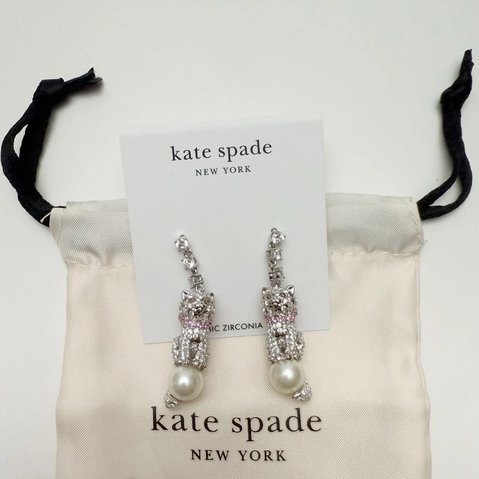 Kate Spade Pawlina Cat with Pink Bow Rhinestone Faux Pearl Linear Earrings