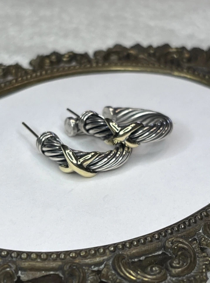David Yurman 925 Sterling Silver 14K 585 Gold Cable X Hoop Earrings