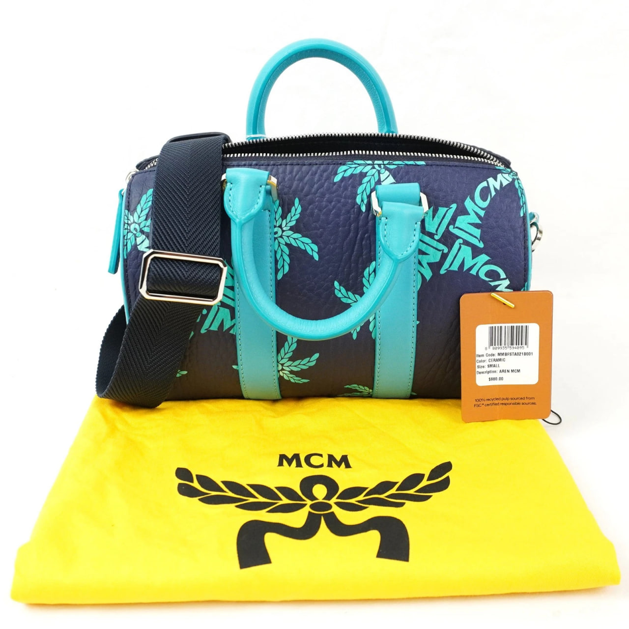 MCM Aren Boston Monogram Top Handle Shoulder Bag In Dark Blue Palm Canvas