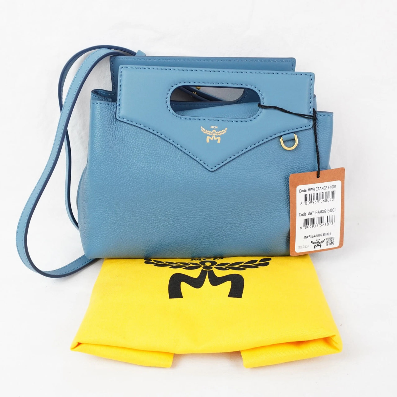 MCM Mini Soft Diamond Logo Crossbody Tote Bag In Blue Heaven With Gold Hardware
