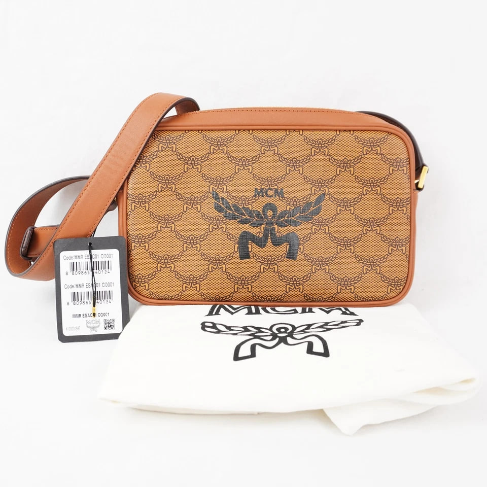 MCM Himmel Small Logo Crossbody Bag In Cognac Lauretos Monogram W/ Gold Hardware