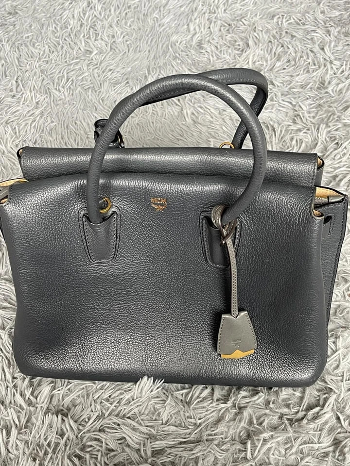 MCM Tote Medium Gray Leather w/ Strap Phanton Gray Bag