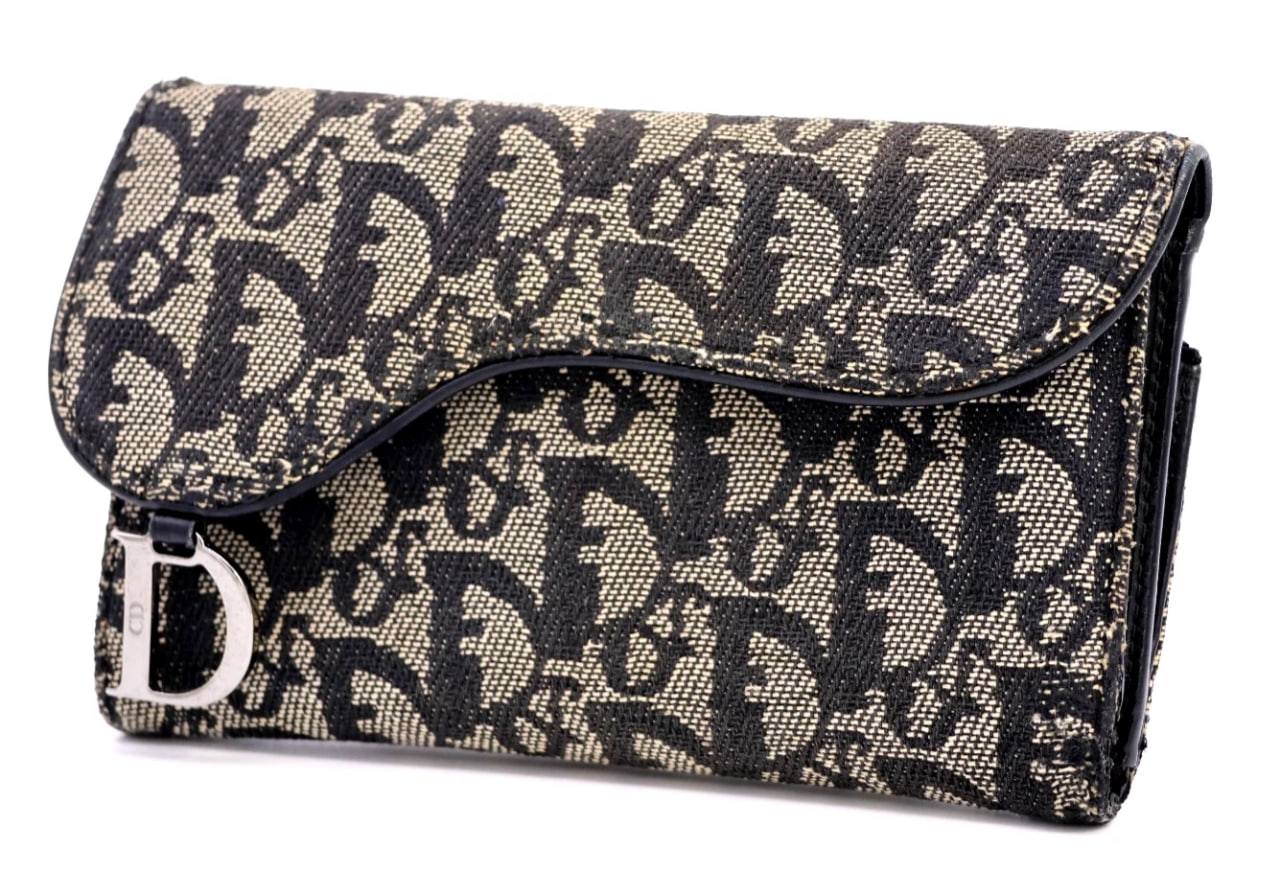 Christian Dior Saddle Wallet Trifold Long Purse Trotter Canvas Black Authentic