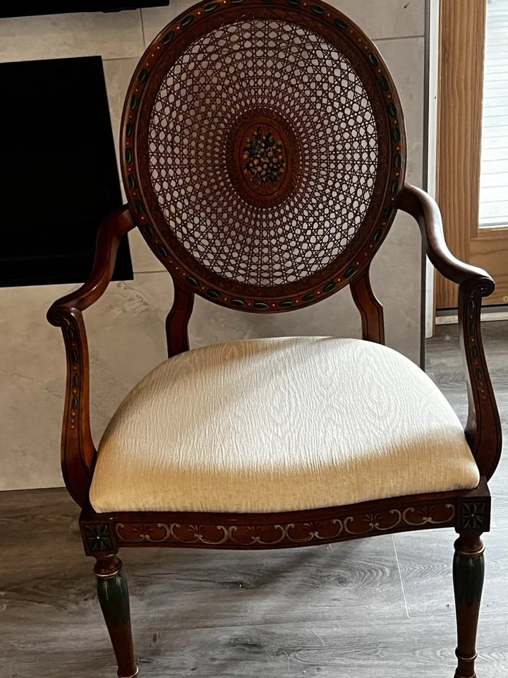 Italian Louis XVI Pulaski Furniture Wheelback Hand Painted Caned Arm Chair