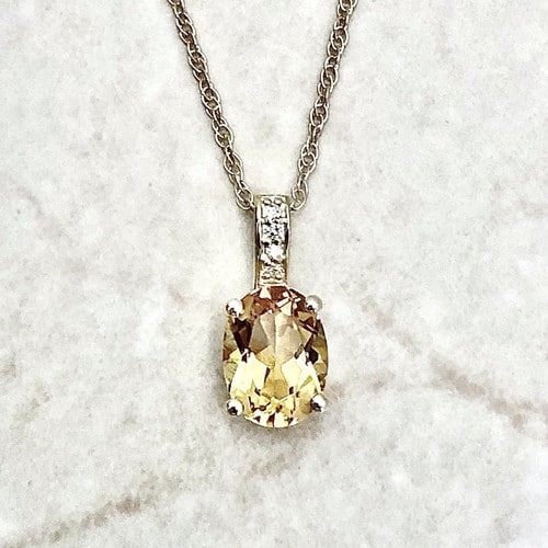 14K Diamond & Citrine Pendant Necklace - Solid 14K Yellow Gold Citrine Necklace